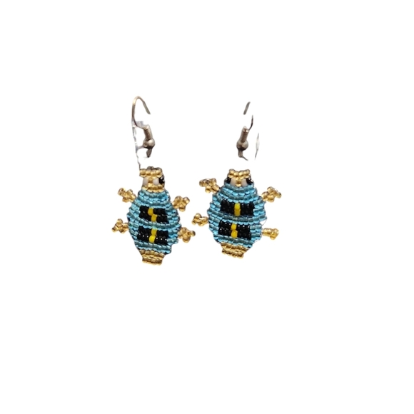 Handcrafted Beaded Blue and Gold Bug Earrings - Picture 5 of 5